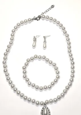 WHITE FAUX PEARLS JEWELRY SET with NECKLACE (19" L + Lobster Clasp) Matching BRACELET (Stretch + 2-3" Adjustable Opening) &...