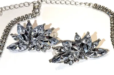 Double Strand All Jeweled JEWELRY SET with CHOKER NECKLACE (4"-6" Opening + LONG (13") Snake-Style + SILVER Tone Lobster)...