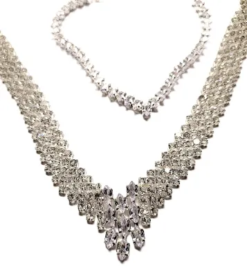 Heavily Bejeweled "V" NECKLACE (20" L + Lobster Clasp) & BRACELET ("V" Style + 2-2¾" Opening) &...