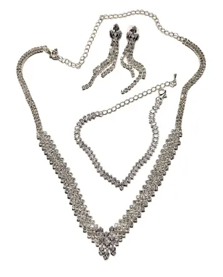 Heavily Bejeweled "V" NECKLACE (20" L + Lobster Clasp) & BRACELET ("V" Style + 2-2¾" Opening) &...