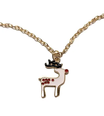 Christmas Holiday REINDEER Enameled NECKLACE (20" L + Pendant Combo) JEWELRY SET with MATCHING EARRINGS with Circle Snap-Close Clasp