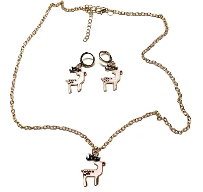 Christmas Holiday REINDEER Enameled NECKLACE (20" L + Pendant Combo) JEWELRY SET with MATCHING EARRINGS with Circle Snap-Close Clasp