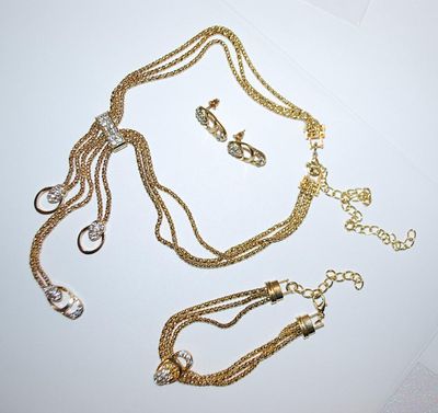 Beautiful Gold Colored Bejeweled 6-Strand DANGLES NECKLACE (22" L + Lobster Clasp) JEWELRY SET with Matching BRACELET (2-3"...