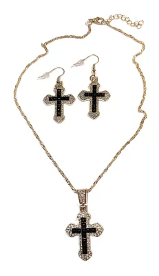 Bejeweled Glittery CROSS JEWELRY SET with NECKLACE (16" L + PENDANT + Black Enameled Inner Rows + GOLD Tone Chain/Lobster Clasp) and...