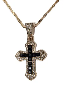Bejeweled Glittery CROSS JEWELRY SET with NECKLACE (16" L + PENDANT + Black Enameled Inner Rows + GOLD Tone Chain/Lobster Clasp) and...