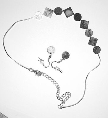 Delicate Silver Colored Choker NECKLACE with "Circles + Squares" Bright Silver Tone Accents (12" L) JEWELRY SET with...