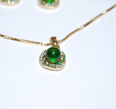 Gold Colored Chain & GREEN GLOBE NECKLACE / PENDANT Combo (16" L + Glass Stone + Lobster Clasp) JEWELRY SET with Green Jeweled...