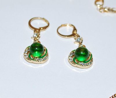 Gold Colored Chain & GREEN GLOBE NECKLACE / PENDANT Combo (16" L + Glass Stone + Lobster Clasp) JEWELRY SET with Green Jeweled...