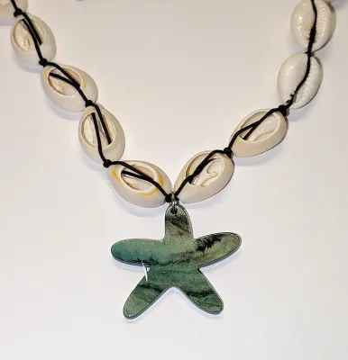 "SHELLS & STARFISH" JEWELRY SET with NECKLACE (20" L+ White Shells and Green Enamel Starfish + Black Cord Tie) and...