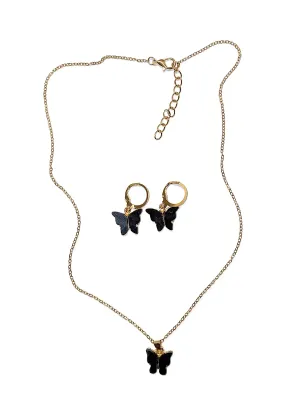 "BLACK BUTTERFLY" JEWELRY SET with NECKLACE (17" L+ Enamel Butterfly Pendant + Gold Tone Lobster Clasp) and MATCHING...