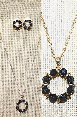 Iridescent BLACK Delicate 8-Stone CIRCLE JEWELRY SET with NECKLACE (18"-19" L, Pendant + GOLD Tone Chain/Lobster Clasp) and...