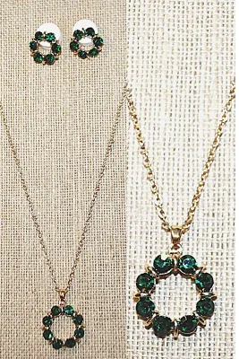 DEEP GREEN Delicate 8-Stone CIRCLE JEWELRY SET with NECKLACE (18"-19" L, Pendant + GOLD Tone Chain/Lobster Clasp) and MATCHING...