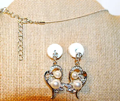 Double FAUX PEARL JEWELRY SET with NECKLACE (18"L, Jeweled Pendant + SILVER Tone Chain/Lobster Clasp) and MATCHING EARRINGS with...