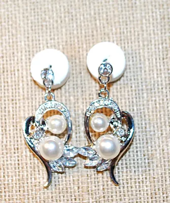 Double FAUX PEARL JEWELRY SET with NECKLACE (18"L, Jeweled Pendant + SILVER Tone Chain/Lobster Clasp) and MATCHING EARRINGS with...