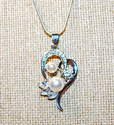Double FAUX PEARL JEWELRY SET with NECKLACE (18"L, Jeweled Pendant + SILVER Tone Chain/Lobster Clasp) and MATCHING EARRINGS with...
