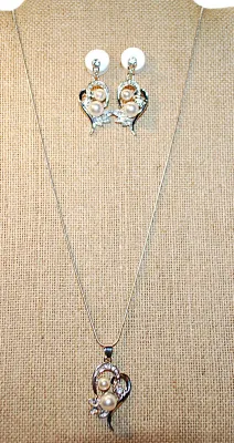 Double FAUX PEARL JEWELRY SET with NECKLACE (18"L, Jeweled Pendant + SILVER Tone Chain/Lobster Clasp) and MATCHING EARRINGS with...