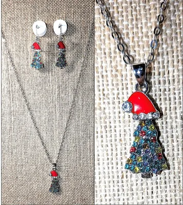 Holiday CHRISTMAS TREE JEWELRY SET with NECKLACE (18"-19" L, Red "Santa Hat" Pendant + Silver Tone Chain/Lobster...