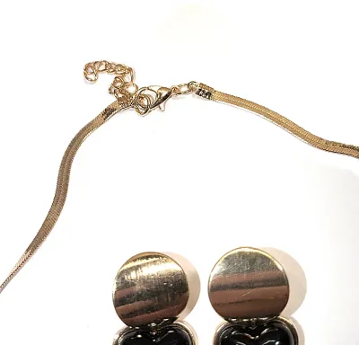 "BLACK HEART & DISK" JEWELRY SET with NECKLACE (14" L + GOLD Tone "Snake" Chain/Lobster Clasp) and MATCHING...