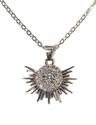 Silver Colored Jeweled "SPIKEY STAR" JEWELRY SET with NECKLACE (16"-17" L + Silver PENDANT -SILVER Tone Chain/Lobster...