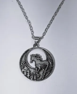 "HORSE IN THE FOREST" JEWELRY SET with NECKLACE (20" L + Silver Colored CIRCLE PENDANT + SILVER Tone Chain/Lobster Clasp)...