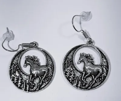 "HORSE IN THE FOREST" JEWELRY SET with NECKLACE (20" L + Silver Colored CIRCLE PENDANT + SILVER Tone Chain/Lobster Clasp)...
