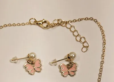 Delicate Enameled PINK BUTTERFLY JEWELRY SET with NECKLACE (16" L + Small Butterfly PENDANT + Gold Tone Chain/Lobster Clasp) &...