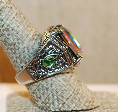 **New Arrival** Size 9 Beautiful Showy MULTICOLOR IRIDESCENT Stone RING with Green Teardrop Side Accent Stones on a Silver Tone Setting...