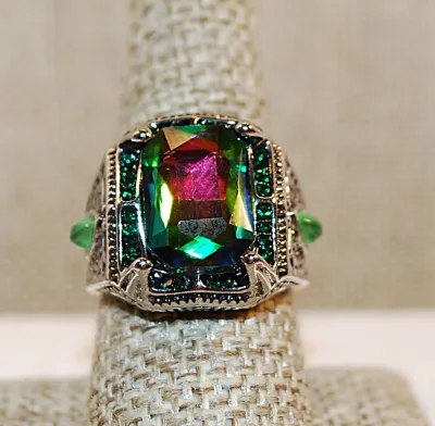 **New Arrival** Size 9 Beautiful Showy MULTICOLOR IRIDESCENT Stone RING with Green Teardrop Side Accent Stones on a Silver Tone Setting...