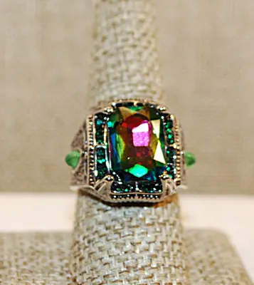 **New Arrival** Size 9 Beautiful Showy MULTICOLOR IRIDESCENT Stone RING with Green Teardrop Side Accent Stones on a Silver Tone Setting...