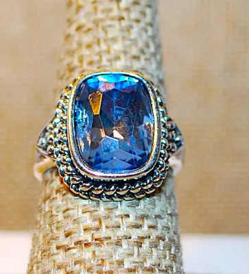 **NEW ARRIVAL** Size 7½ Large Rectangle Beveled Light BLUE GLASS STONE RING with Double Swirled Surround on a Silver Tone Setting and...
