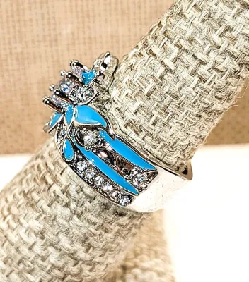 **New Arrival** Size 6½ Blue Enameled FLOWER BOUQUET RING with 8-Prong Round Clear Main Stone + Blue/Green Enameled Petal Accents on a...