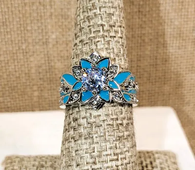**New Arrival** Size 6½ Blue Enameled FLOWER BOUQUET RING with 8-Prong Round Clear Main Stone + Blue/Green Enameled Petal Accents on a...