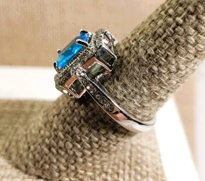 **New Arrival** Size 7¾ Large BLUE Transparent Rectangle Stone RING with Bejeweled Surround on a "Nest" and Jeweled Side Band...