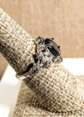 **New Arrival** Size 7¼ VERY DEEP PURPLE Colored Oval Beveled Stone RING with Clear Stones Side Accents on a Silver Tone Setting &...
