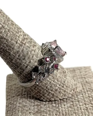 **New Arrival** Size 9½ Large PINK HEART Stone RING with Heart Surround & Red and Clear Stones Side Accents on a Silver Tone Setting...