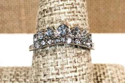 **New Arrival** Size 8½ "Crown Style" RING with 7 Top Row Round Stones and Lower Row with 9 Smaller Stones on a Silver Tone...