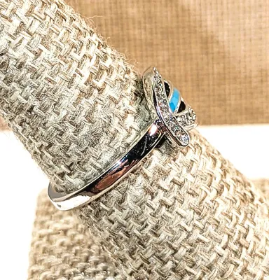 **New Arrival** Size 8¼ "Loop on a Line" Style RING with Enameled Blue/Green Line and Jeweled Loop on a Silver Tone Setting and...