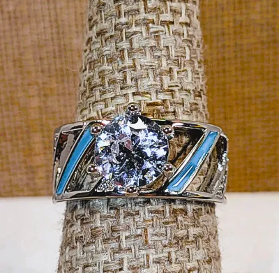 **New Arrival** Size 7 Large "Hi-Rise" 6-Prong Clear Round Stone RING with Both Enameled and Hollowed Band on a Silver Tone...