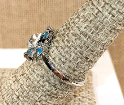 **New Arrival** Size 8¼ Sideways Clear Square Stone RING with Enameled Blue/Green "Spikes" on a Silver Tone Setting and Band...