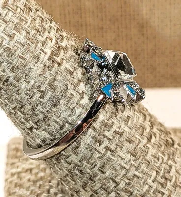 **New Arrival** Size 8¼ Sideways Clear Square Stone RING with Enameled Blue/Green "Spikes" on a Silver Tone Setting and Band...