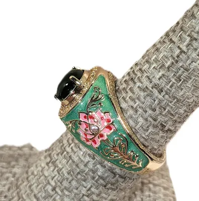 **New Arrival** Size 9 Beautiful PINK & GREEN Design Enamel RING with Horizontal Green Opaque Cabochon Main Stone on a Gold Tone...