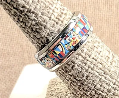 **New Arrival** Size 9½ Infinity Style Multicolor Graphic Design Enamel RING with Reds, Yellows & Blues on a Silver Tone Setting and...