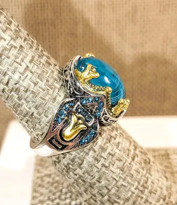 **New Arrival** Size 7¼ Ornate Silver & Gold Colored RING with STRIPED Oval Blue Main Stone, Tiny Blue Accent Stones, Gold Tulip on a...