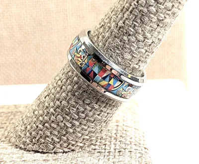 **New Arrival** Size 7½ Infinity Style Multicolor Graphic Design Enamel RING with Reds, Yellows & Blues on a Silver Tone Setting and...