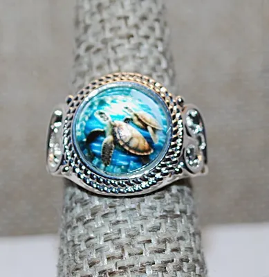 **NEW ARRIVAL** Size 8 "OCEAN TURTLES WINDOW" RING with Side Loops & Swirls Accents and Ribbed Surround on a Silver Tone...
