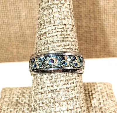 **New Arrival** Size 8½ "PEACOCK FEATHERS" Enamel RING on a Silver Tone Setting & Band (4.3g)