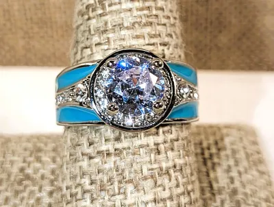 **New Arrival** Size 9 Large "Diamond Style" Round Main Stone RING with Jeweled Circle Surround and Blue Enamel Side Accents on...