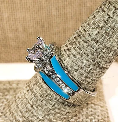 **New Arrival** Size 9 Large "Diamond Style" Round Main Stone RING with Jeweled Circle Surround and Blue Enamel Side Accents on...