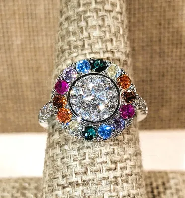 **New Arrival** Size 7½ Multicolor "Circle of Stones" RING with Red, Orange, Blue, Green, Purple, Clear & Yellow on a...