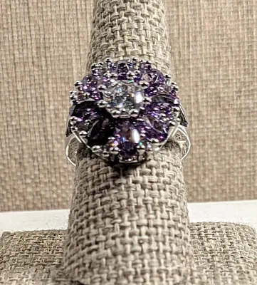 Size 8¼ Beautiful Glittery OVAL LAVENDER STONES BOUQUET RING with Clear Accent Stones Points and 8-Prong Clear Center Main Stone &...